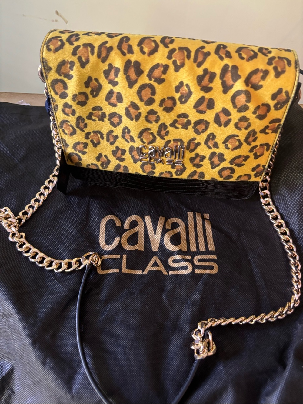 Cavalli Class Leopard Print Crossbody Bag in Yellow and Brown